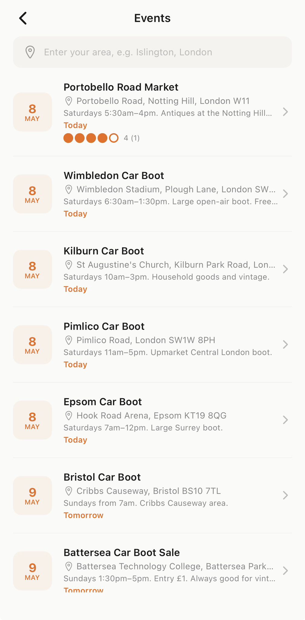 Events listing car boots, vintage fairs and antique markets