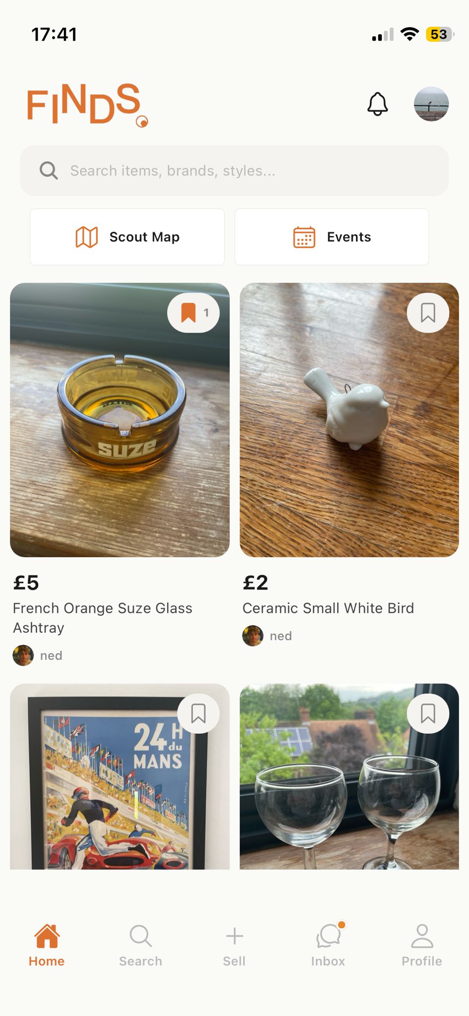 Finds home feed showing vintage and modern home items