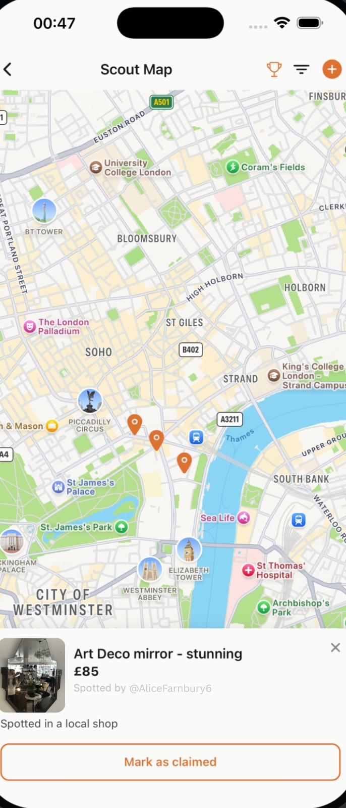 Scout Map showing items spotted in local shops